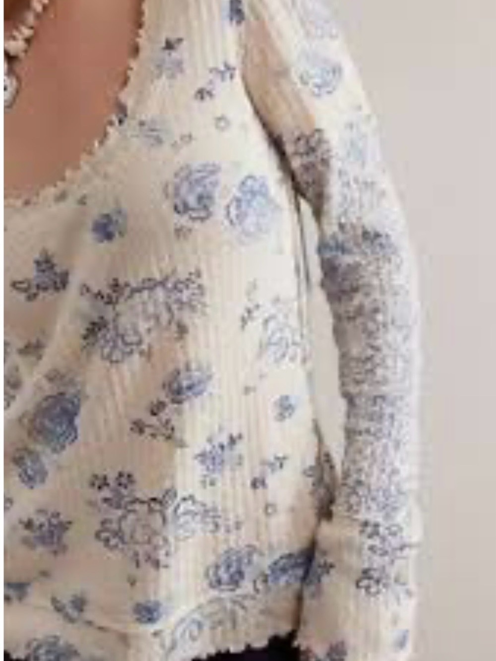 We The Free Cream Ribbed Long-Sleeve Top with Blue Floral Print